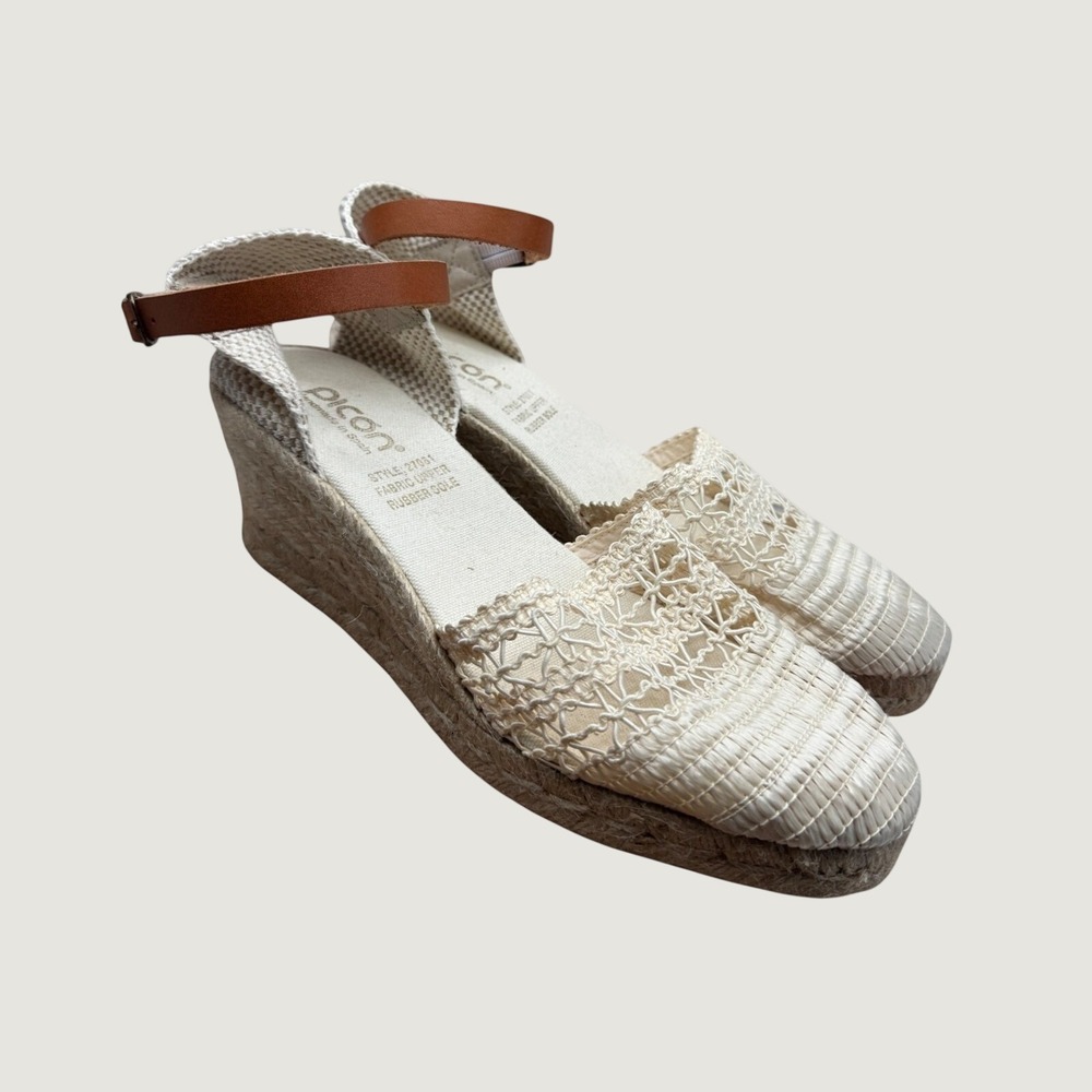 Picon Crochet Espadrille Wedge Sandals Size 40 9 Cream Ankle Strap Boho‎ Summer